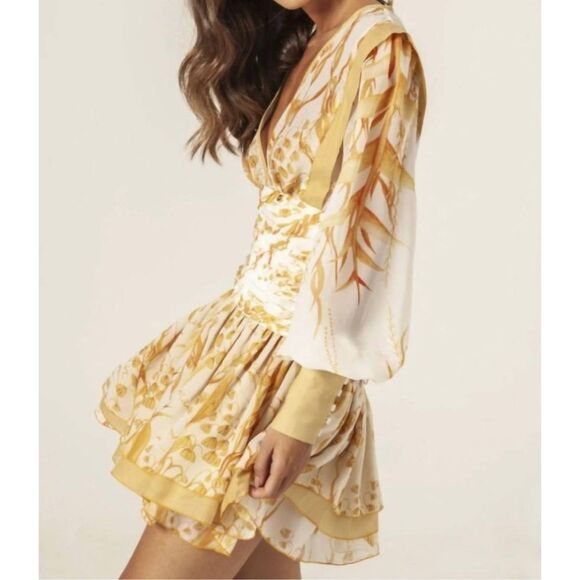 MASAVI Leafs Pleated Short Mini Dress In Mustard Cocktail Party Dress Size S NWT - Picture 3 of 7